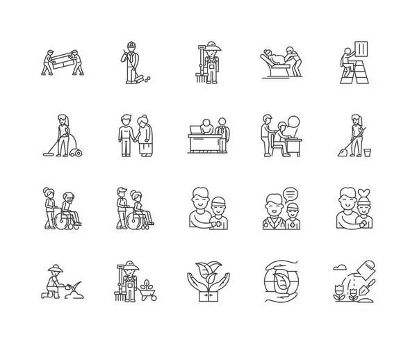 Ayudar a la gente línea de iconos, signos, conjunto de vectores, esbozar concepto de ilustración — Archivo Imágenes Vectoriales