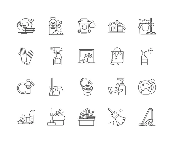 Ícones de linha de limpeza da casa, sinais, conjunto de vetores, conceito de ilustração de contorno — Vetor de Stock