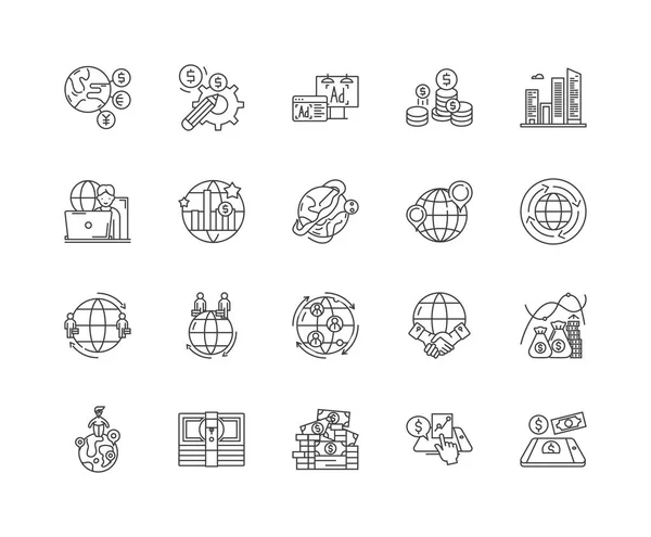 Ligne financière internationale icônes, signes, ensemble vectoriel, schéma illustration concept — Image vectorielle