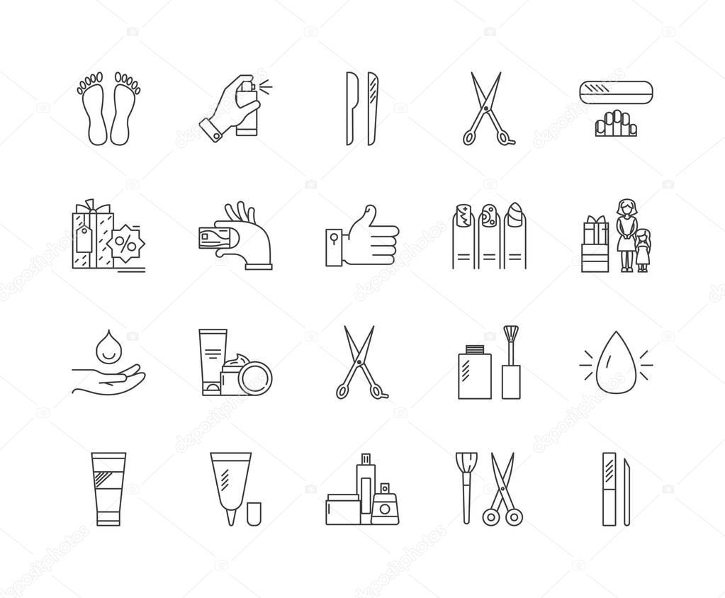 Facials, manicures and pedicures line icons, signs, vector set, outline illustration concept 