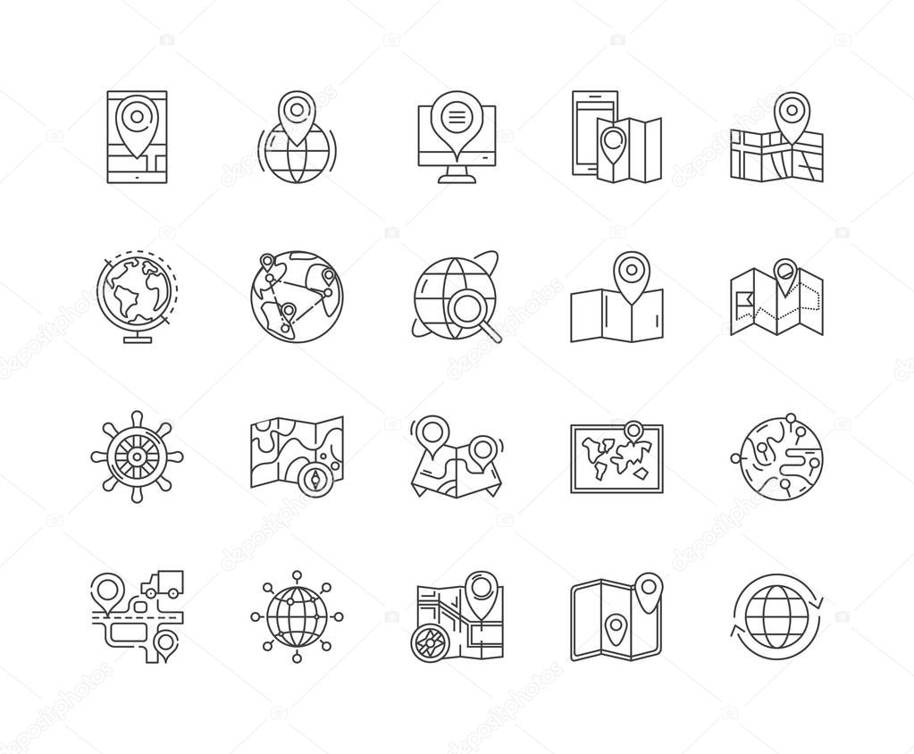 Geo tags line icons, signs, vector set, outline illustration concept 