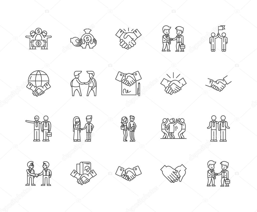 Hand shake line icons, signs, vector set, outline illustration concept 