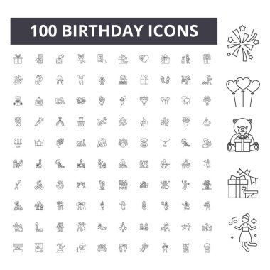 Doğum günü çizgisi simgeleri, işaretler, vektör seti, anahat illüstrasyon kavramı 