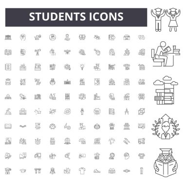 Öğrenciler çizgi simgeleri, işaretler, vektör seti, anahat illüstrasyon kavramı 