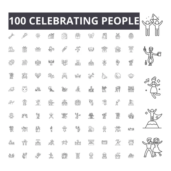 Celebrating people line icons, signs, vector set, outline illustration concept — Stock Vector