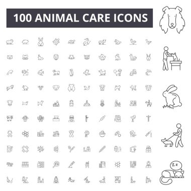 Hayvan bakım hattı simgeleri, işaretler, vektör seti, anahat illüstrasyon kavramı 