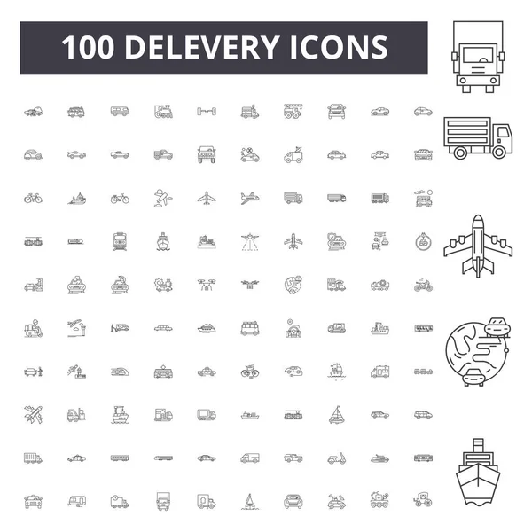 Delevery iconos de línea, signos, conjunto de vectores, esquema concepto de ilustración — Vector de stock