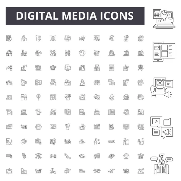 Digitale Medien Zeilensymbole, Zeichen, Vektorsatz, Umrisse Illustrationskonzept — Stockvektor