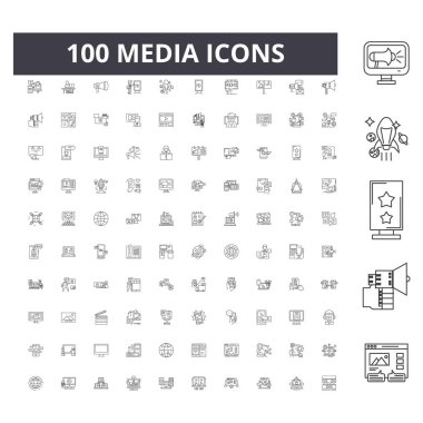 Medya çizgisi simgeleri, işaretler, vektör seti, anahat çizim kavramı 
