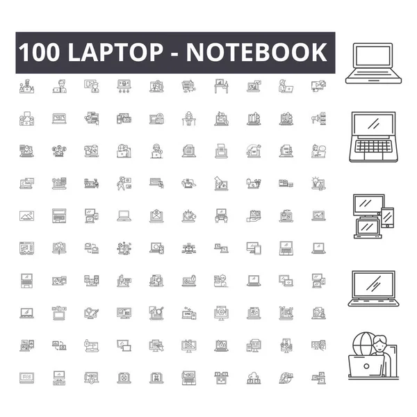 Ícones de linha notebook laptop, sinais, conjunto de vetores, conceito de ilustração esboço — Vetor de Stock