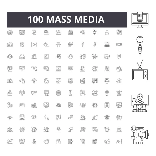 Ícones de linha de mídia de massa, sinais, conjunto de vetores, conceito de ilustração de contorno — Vetor de Stock