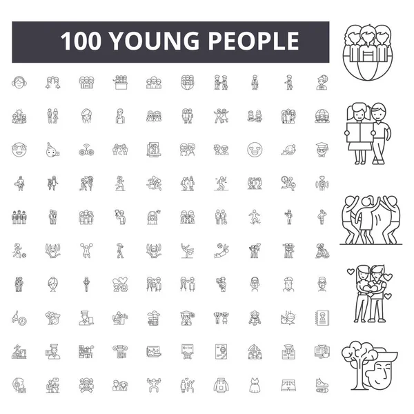 Молоді люди викладають піктограми, знаки, векторний набір, контур концепції ілюстрації — стоковий вектор