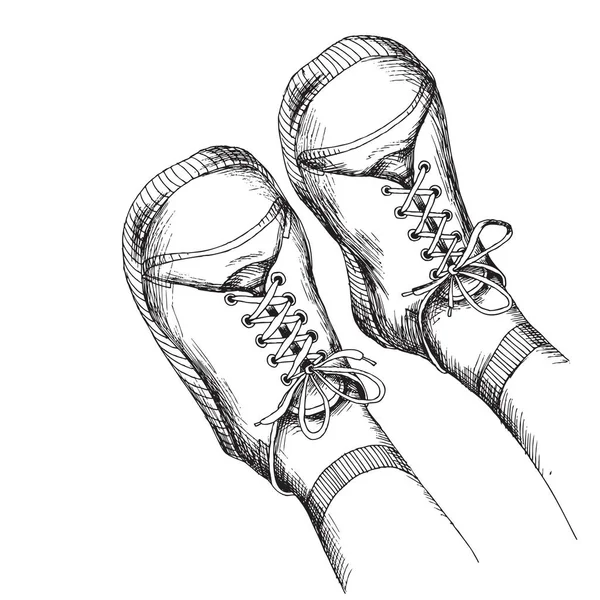 Schets van de hand. Element voor een Doodle van de picknick-stijl op een witte achtergrond. Childrens voeten in wandelschoenen, sportschoenen. — Stockvector