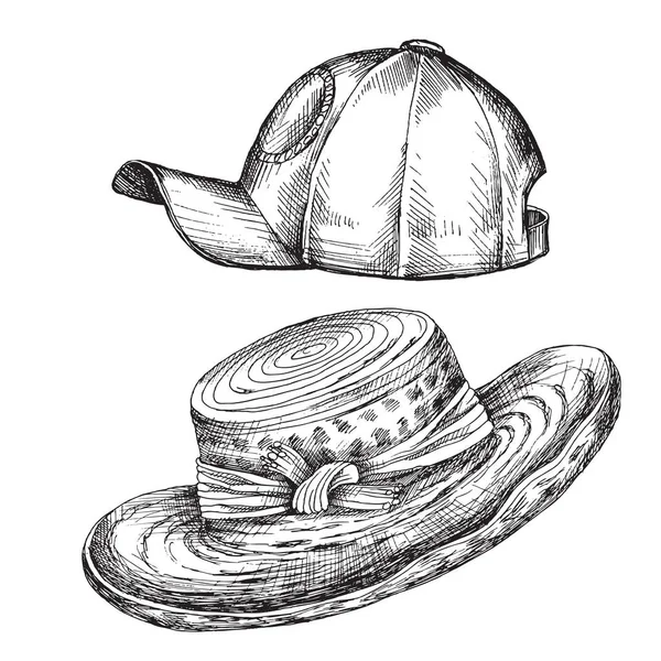 Disegno a mano. Elemento per un Doodle in stile picnic su sfondo bianco. Serie di cappelli estivi e berretto un cappello di donne . — Vettoriale Stock