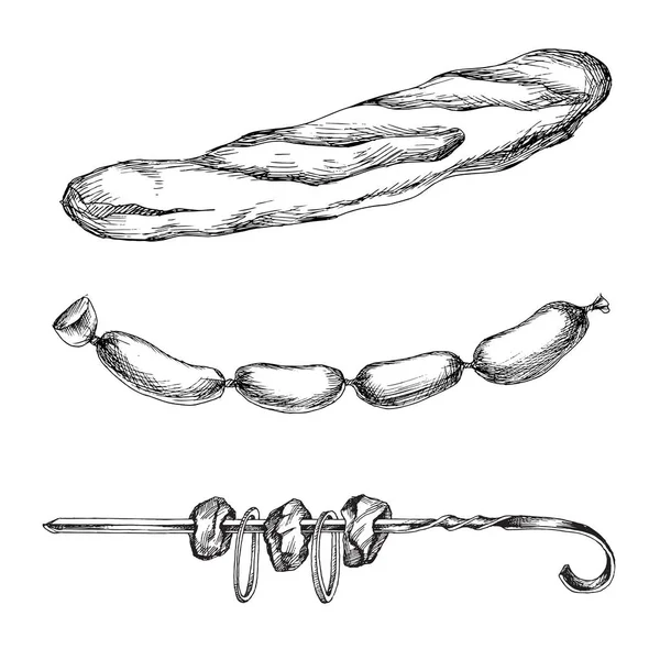 Disegno a mano. Elemento per un Doodle in stile picnic su sfondo bianco. set di prodotti per un picnic. Kebab spiedino, salsiccia, pane baguette . — Vettoriale Stock