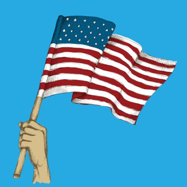 El çizimi, kroki. ABD bayrağı elinde, tarafsız bir arka plan üzerinde ABD Ulusal renkleri.