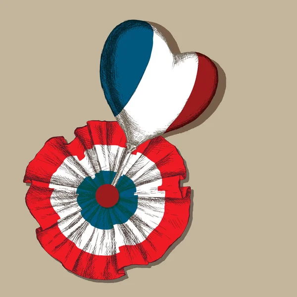 Rysunek, szkic. Balon w kształcie serca i kokarda z kolorami stanu Francji, trójkolorowy na neutralnym tle. — Wektor stockowy