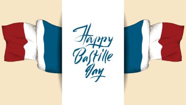 El mutlu Bastille günü yazı. El çizimi, kroki. Fransa, tricolour tarafsız bir arka plan üzerinde bayrağı.