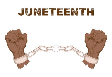 Afro-Amerikan Bağımsızlık günü, 19 Haziran. Özgürlük ve kurtuluş günü. Zincir, zincir kırma ellerini kaldırdı. Beyaz arka plan üzerinde çizim elle çizilmiş silueti kroki tarzı.