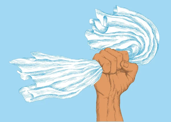 A mão com a bandeira. Dia da independência, símbolo de luta e libertação mão desenhado estilo esboço silhueta desenho no fundo azul . — Vetor de Stock