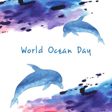Dünya Okyanus günü. Su stilize görüntüsü. Dalgalar şeklinde kenarlık. Yunus, çizilmiş. Sulu boya lekesi.