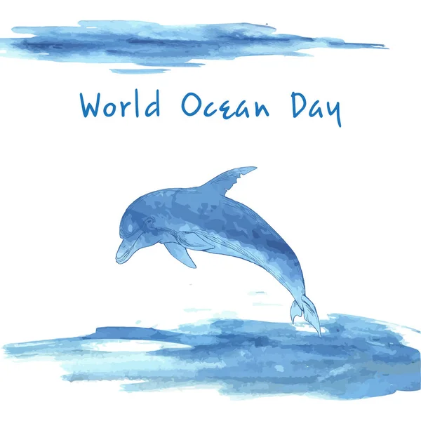 Journée mondiale de l'océan. Image stylisée de l'eau. Frontière sous forme de vagues. Dauphin bleu, dessiné à la main. Teinture aquarelle . — Image vectorielle