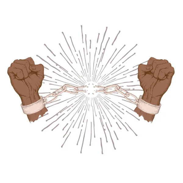 非洲裔美国人独立日, 6月19日。自由和解放日。举起手打破链条, 枷锁。手绘剪影素描风格绘制在白色背景上. — 图库矢量图片
