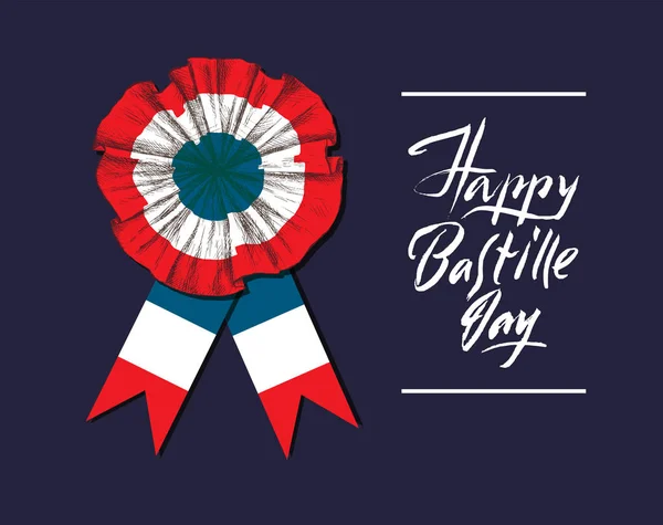 Bastille Day. Badge and ribbon. The French tricolor, the colors of the French flag. Hand lettering happy Bastille day. Hand drawing in sketch style. — Stock Vector