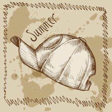 Yaz şapka kap. El kroki. Turuncu bir arka plan üzerinde Doodle tarzı piknik için öğe.