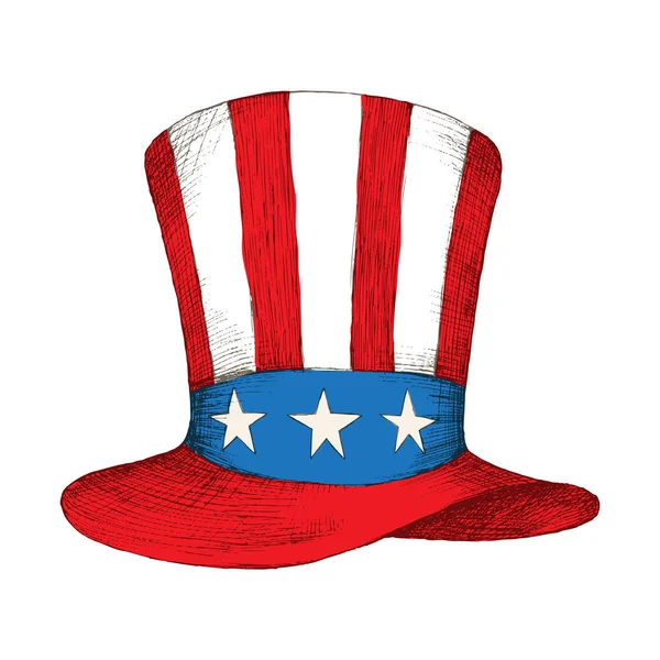 Amerikanska självständighetsdagen. Mössa med flaggan i Amerikas förenta stater med tejp. En amerikansk symbol är farbror Sams hatt. Hand ritning skiss stil. — Stock vektor