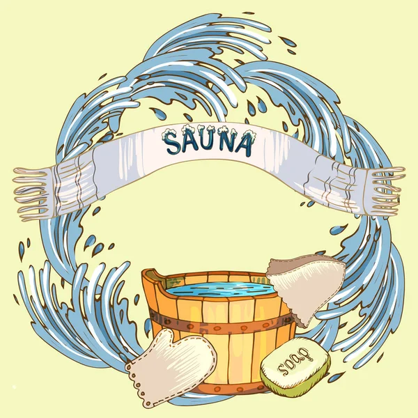 El concepto de belleza y salud, servicios de sauna. Accesorios de baño individuales, artículos para el cuidado facial y corporal, rejuvenecimiento. Símbolos culturales de pureza. Ilustración vectorial en el estilo de boceto . — Archivo Imágenes Vectoriales