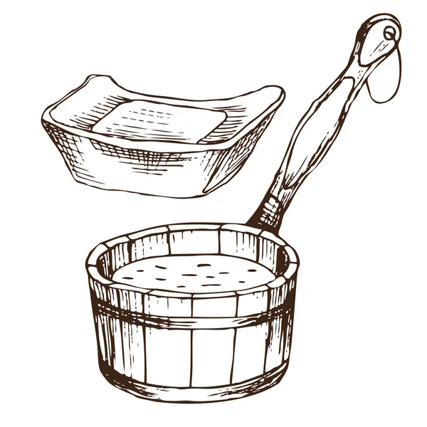 İki tuvalet bezi vücut hijyeni için Rus banyosu için. Dizi aksesuarlar için banyo, sauna. El çizimi kroki tarzı. Beyaz arka plan üzerinde izole nesne.