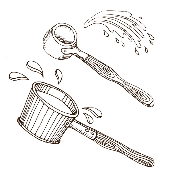 İki tuvalet bezi vücut hijyeni için Rus banyosu için. Dizi aksesuarlar için banyo, sauna. El çizimi kroki tarzı. Beyaz arka plan üzerinde izole nesne.