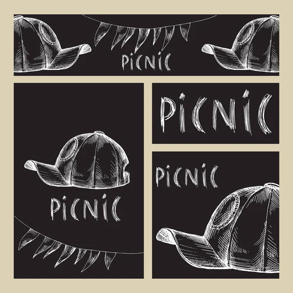Dibujo de tiza. Conjunto de formatos de negocio con imágenes para un picnic al estilo de Doodle sobre un fondo de tablero negro. Gorra de verano . — Vector de stock
