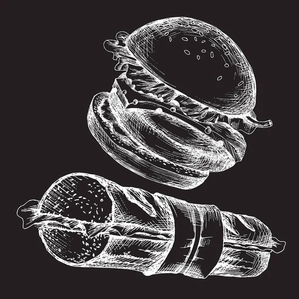 El çizimi tebeşir. Öğe için bir piknik tarzı Doodle bir siyah tahta arka plan. Sokak gıda Burger ve sandviç.