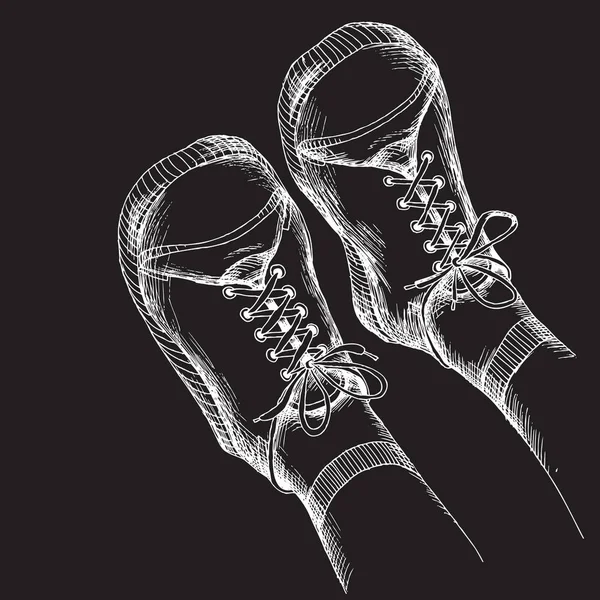 Desenho à mão giz. Elemento para um Doodle de estilo piquenique em um fundo preto da placa. Crianças pés em sapatos de passeio, tênis . — Vetor de Stock