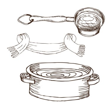 kova, havlu, su vücut hijyeni için Rus banyo havzası. Dizi aksesuarlar için banyo, sauna. El çizimi kroki tarzı. Beyaz arka plan üzerinde izole nesne.