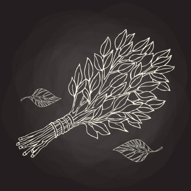 Rus hamamı için resim. Birch sauna için çırpınıyor. Banyo şirketi için logo. Metniniz için yerleştirin. Tebeşir tahtasında el çizimi. Şablon baskı tasarım banyo hizmetleri. Vektör görüntüsü, Eps 10