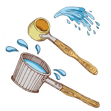 Banyo ve sauna için ahşap kepçe. Çizim tarzında el çizimi. Beyaz arka planda bir grup izole nesne. Vektör illüstrasyonu