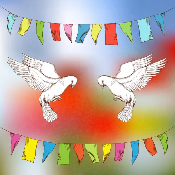 A pomba branca voa. Pássaro no fundo colorido, elementos para o design festivo. Desenho à mão em estilo esboço. Ilustração vetorial. EPS10 . — Vetor de Stock