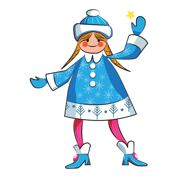 Donzela de neve, menina em roupas de inverno. Personagem de estilo dos desenhos animados para o Natal e design de Ano Novo. Objeto isolado sobre fundo branco. Ilustração vetorial . — Vetor de Stock