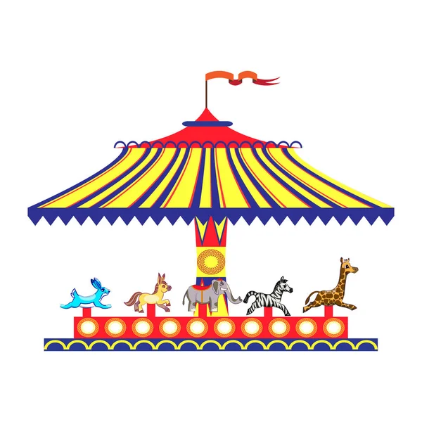 动画片儿童乐趣五颜六色的旋转木马与马匹。在白色背景上玩传统旋转木马的孩子. — 图库矢量图片