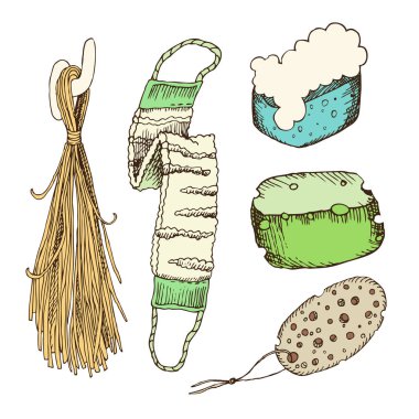 İki tuvalet bezi vücut hijyeni için Rus banyosu için. Dizi aksesuarlar için banyo, sauna. El çizimi kroki tarzı. Beyaz arka plan üzerinde izole nesne.