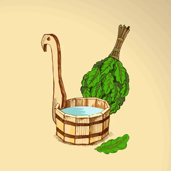 Merce da bagno. Una canna di legno e una scopa di quercia per una sauna. Un modello per la società di balneazione. Il posto per il tuo messaggio. Il disegno manuale ombreggiatura su uno sfondo neutro. Un modello per la progettazione di — Vettoriale Stock