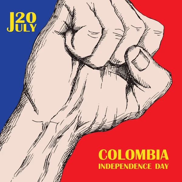 Tag der kolumbianischen Unabhängigkeit. 20. juli Nationalpatriotischer Feiertag der Befreiung in Lateinamerika. Handzeichnung Schraffur. Hintergrund mit kolumbianischer Trikolore. Vektorbild. — Stockvektor