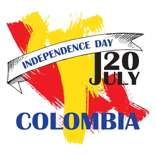 Día de la independencia de Colombia. 20 de julio. Fiesta Nacional Patriótica de la Liberación en América Latina. Dibujo a mano eclosión. Fondo con tricolor colombiano. Imagen vectorial . — Archivo Imágenes Vectoriales