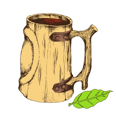 Ahşap kupa içecekler için. Yalıtılmış nesne reklam bira deposu, süt ürünleri, banyo, sauna tasarımı için beyaz bir arka plan üzerinde. El çizimi kroki tarzı. Vektör çizim. EPS 10.