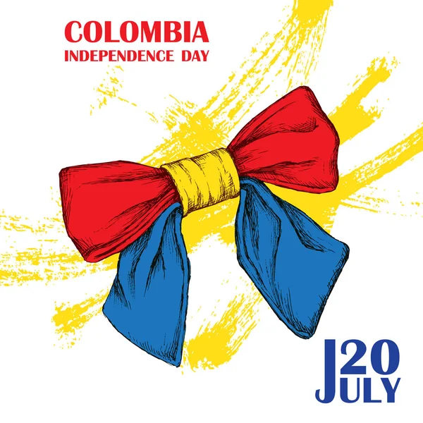 Día de la independencia de Colombia. 20 de julio. Fiesta Nacional Patriótica de la Liberación en América Latina. Dibujo a mano eclosión. Fondo con tricolor colombiano. Imagen vectorial . — Archivo Imágenes Vectoriales