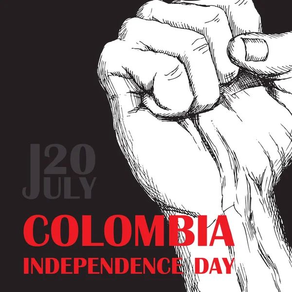 Colombias independence day. July 20. National Patriotic holiday of liberation in Latin America. The clenched fist of the person, symbol of fight for release. Hand drawing hatching. Background with — Stock Vector