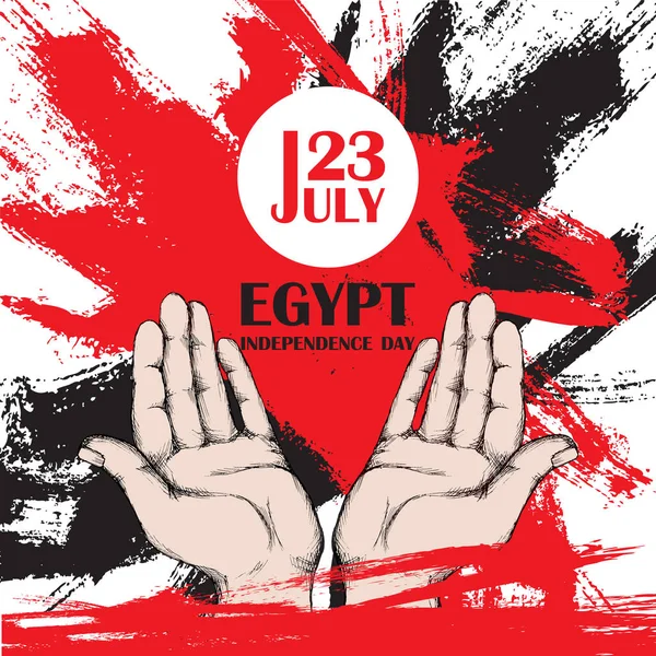 Unabhängigkeitstag Ägyptens. 23. Juli. Nationalpatriotischer Feiertag der Befreiung in Nordafrika. Die offenen Hände eines Mannes, ein Symbol des Friedens. Handgezeichnete Beschattung. Hintergrund mit ägyptischer Trikolore. Vektor — Stockvektor